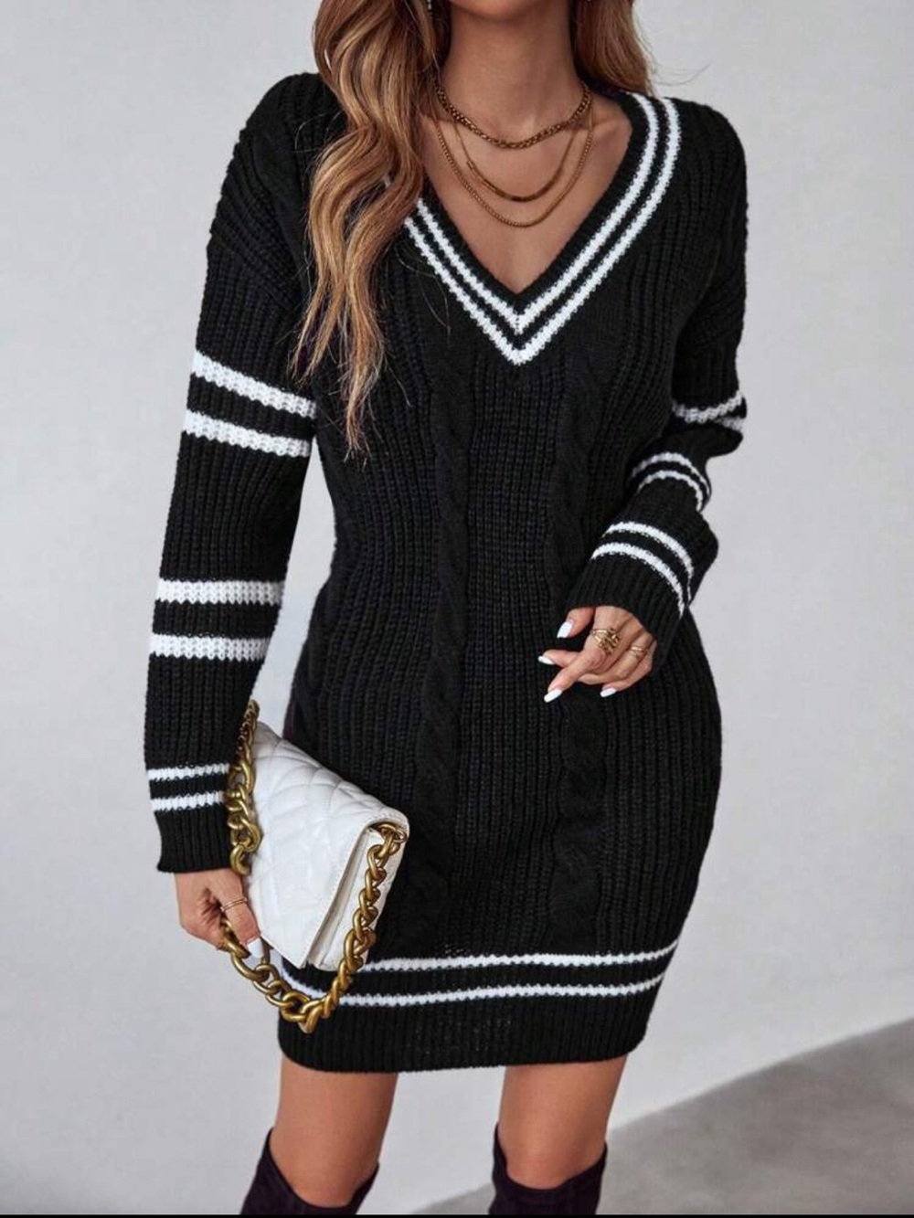 Black Cable-Knit V-Neck Sweater Dress - Classic Black and White